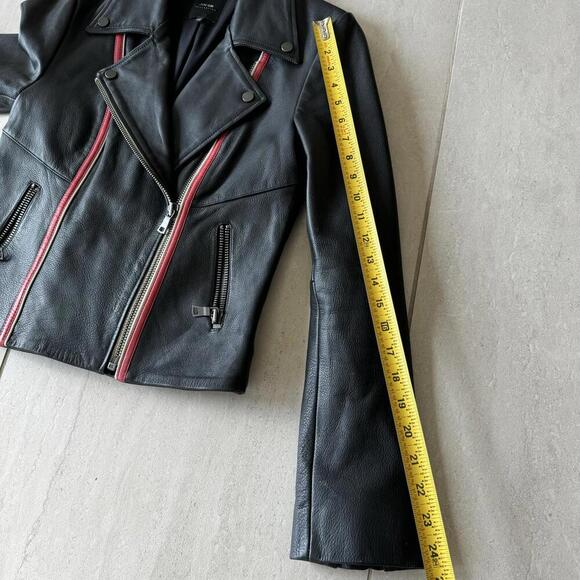 Joe’s Collection Moto Black Leather Jacket Red White Piping Size S - Picture 12 of 14